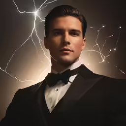 a man in a suit is standing with a starburst pattern on his hair