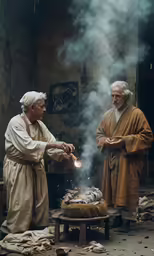 two men, dressed in beige robes and holding candles, stand together to light something