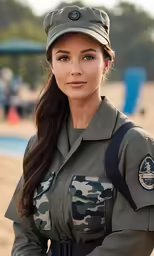the beautiful military woman has a ponytail with her long hair