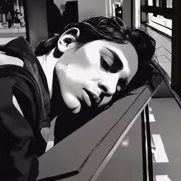 there is a person that is sleeping on a bench,black and white image of a woman with long hair lying down