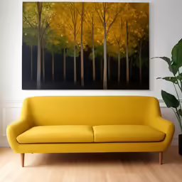 a painting hanging on the wall in a room with a yellow couch