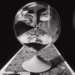 the image is showing a half circle that has a half face and half of it in a glass with a liquid inside