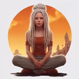 a painting of a woman in a brown top and grey pants sits in the lotus position