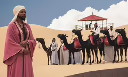 a man standing in front of a group of people with camels