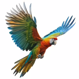 a multi colored bird flying through the air