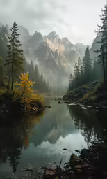 the reflection of some mountains in a still river