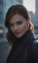 a woman with dark hair in black leather jacket standing on the street