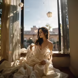 a woman sits alone on a windowsill covered in a long white gown