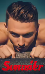 shirtless man with red text on top of wooden board