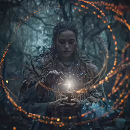 woman holding a lite inside a wire in the middle of a dark forest