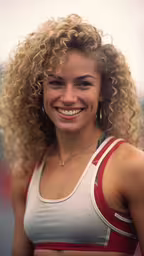 young woman in sports outfit, smiling for a photograph,a beautiful young woman with long curly hair