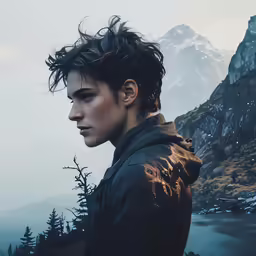 the person in front of a mountain has long hair on