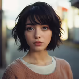 a woman with bangs and light brown sweater looking at the camera