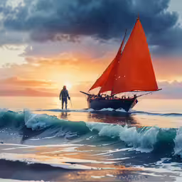 a boat floating on top of a body of water next to waves,an orange sailboat is being rowed into the water