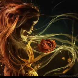 a girl with red hair in front of a flower