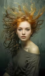 a red headed woman is wearing long hair
