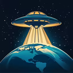 a stylized painting depicting an alien floating over the earth