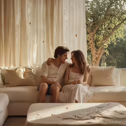 a couple in bathrobes are sitting on the couch