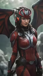 the image depicts a woman in red leather with large wings and headphones