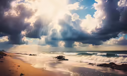 sunlight breaks through the clouds at a beach