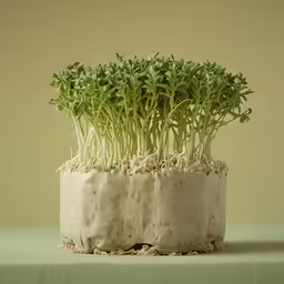 a small group of herbs growing out of a white pot