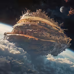 this is a painting of an alien ship floating above the clouds