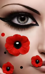 the woman has red makeup and flowers painted on her eyes