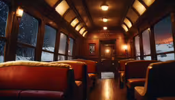 an image of inside the train car with its seat covers down,this is a train car with several seats and a view of a snowy night