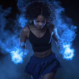 a woman with a body covered in blue smoke