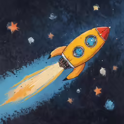 an illustration of a yellow rocket with blue eyes flying towards the stars