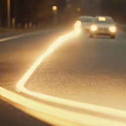 a car driving down the road with light streaks on the road