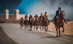 a group of people on horses riding down the street