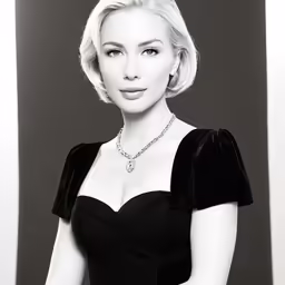 a blonde haired woman in black dress posing for the camera