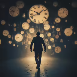 the image shows a person walking in front of a wall full of clocks