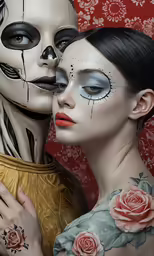two girls with skeleton makeup and roses make faces for a photo shoot