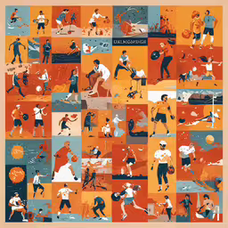 a colorful, stylized photo showing people in various scenes,an abstract painting of people on different colored squares