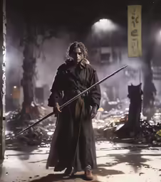 a man standing in the middle of a dirt area holding two swords