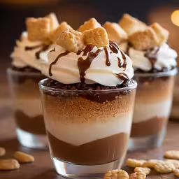 a chocolate dessert with whipped cream and cereal