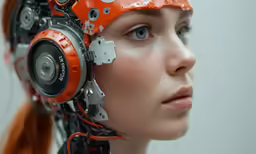 the woman is wearing a red hat with a machine head
