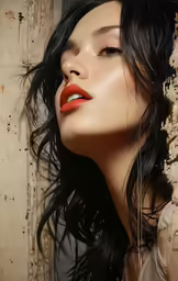 a woman is sitting against a wall posing for the camera