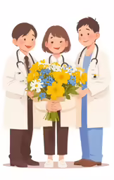 three doctors holding a bouquet of flowers in front of their face