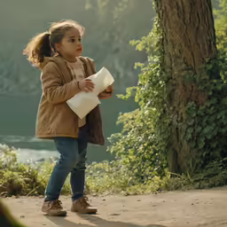 a young girl wearing blue jeans and jacket looking over papers