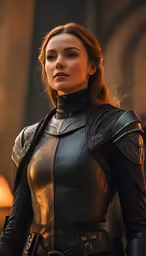 a woman wearing a black leather suit and a long red hair