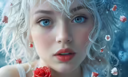 an image of a young woman with white hair and blue eyes