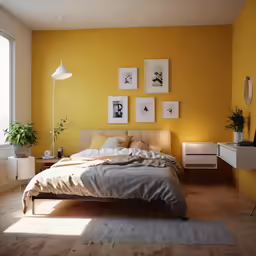 a large yellow bedroom with white walls and wood floors