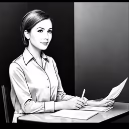 a woman sitting at a desk in an office