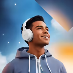 the man has headphones on to his ears