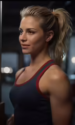 a woman in a blue top and red tie