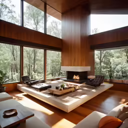 a living room area with white couches and a fireplace