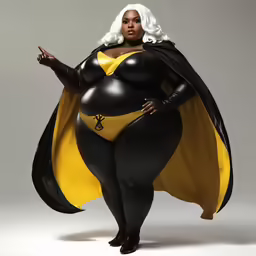 an overweight black woman wearing a yellow and black outfit